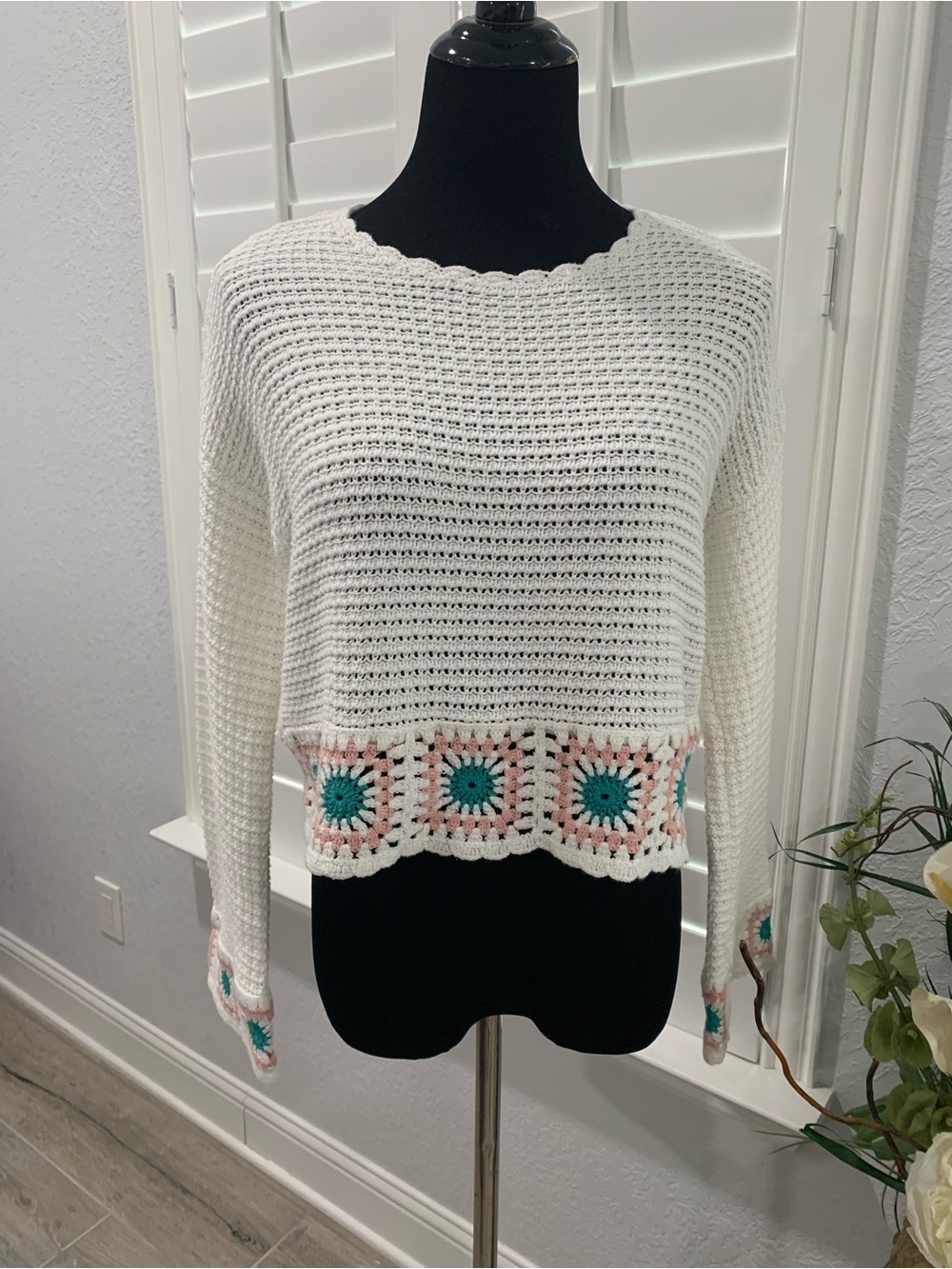Sincerely Jules White Crochet Crewneck Sweater with Teal & Pink Accent